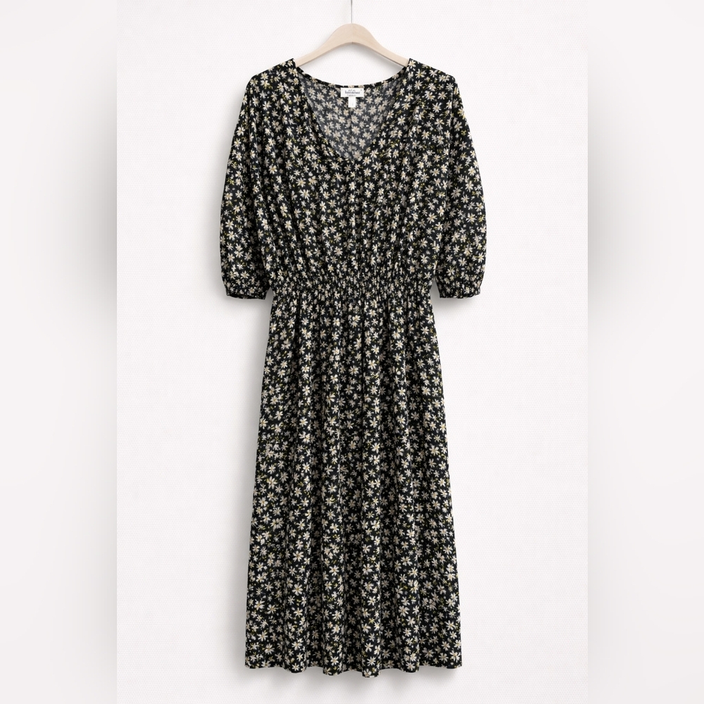 Time and Tru Black Floral V-Neck Midi Dress